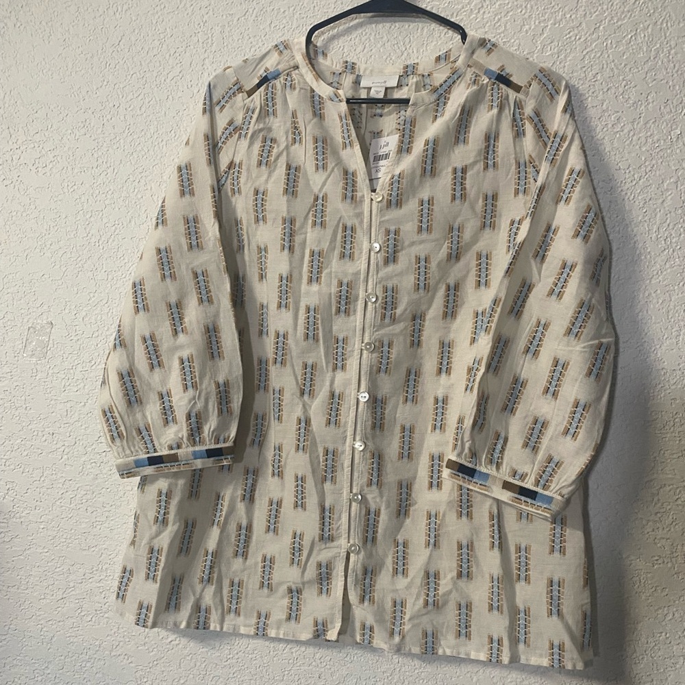 J. Jill Cream and Blue boho embroidery Patterned Button Down Shirt
